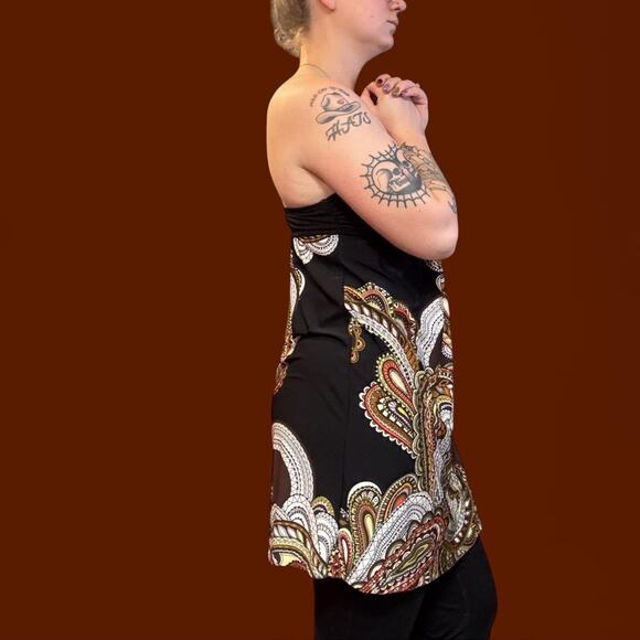 Y2k indie bohemian paisley orange brown strapless midi dress womens size medium - Picture 2 of 8